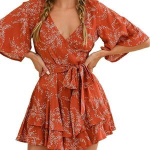 AIMCOO Womens Summer Short Flared Sleeve Romper V Neck Floral Print Jumpsuit